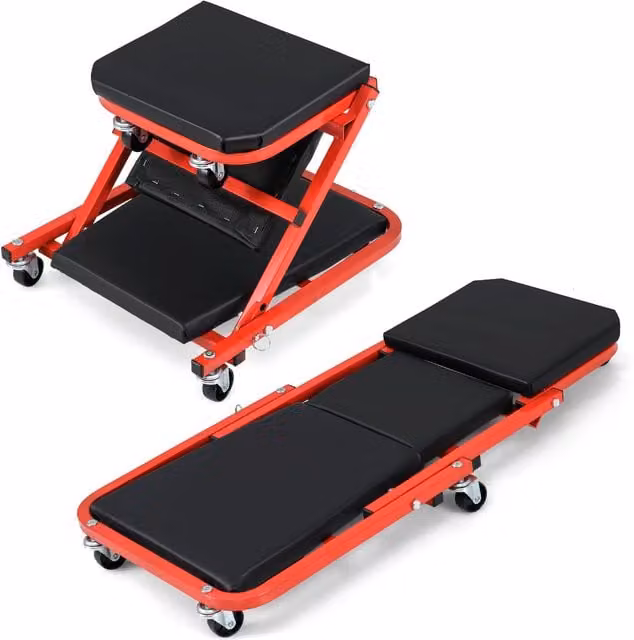 Costway 2-in-1 Folding Rolling Creeper Seat with Red PVC Padded Seat