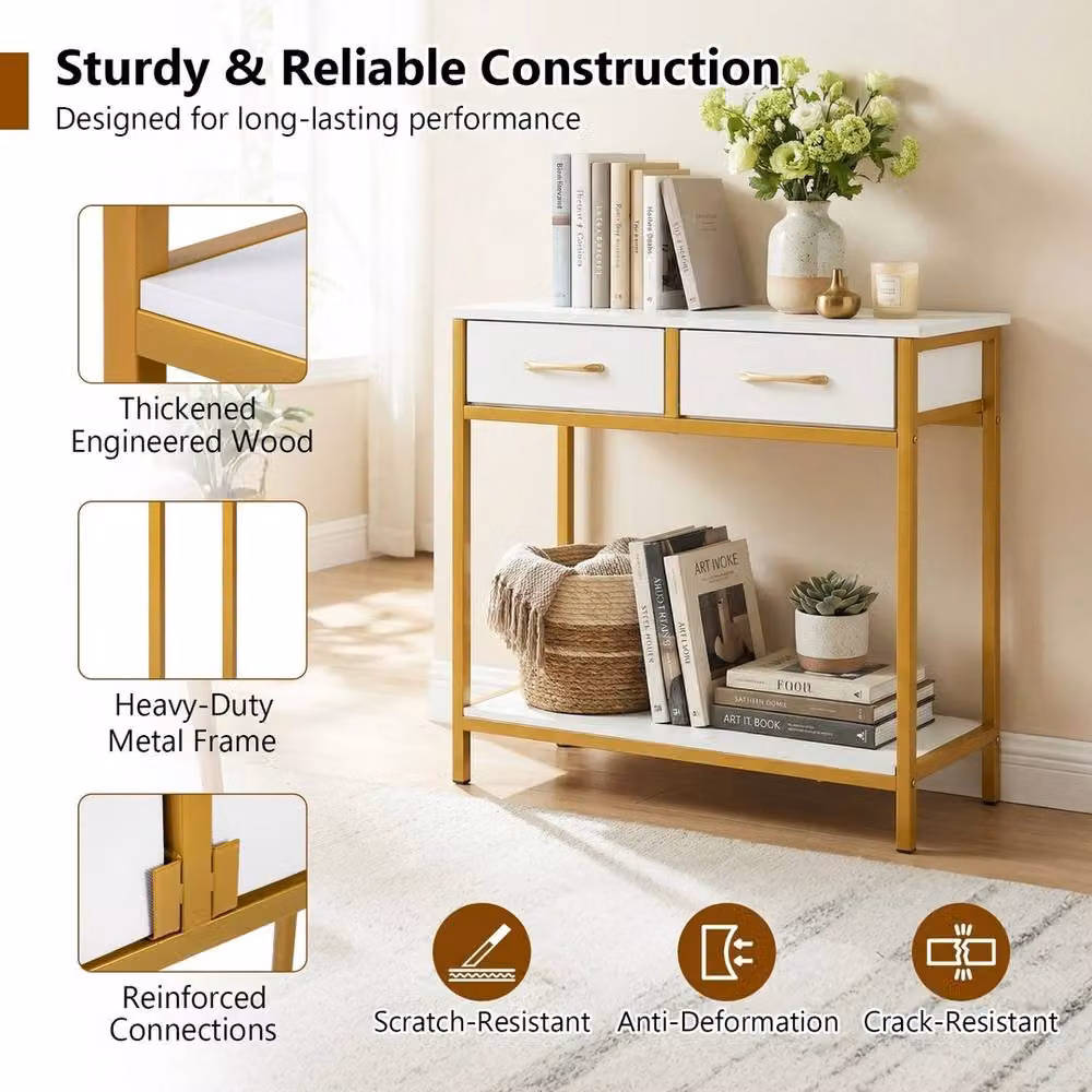 VOGREX Modern White Entryway Table with 2 Fabric Drawers and Open Compartment – 3