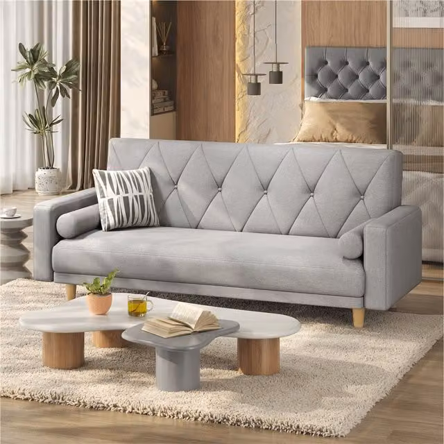 Yaheetech 3 Seater Click-Clack Sofa Bed with 2 Pillows in Light Grey