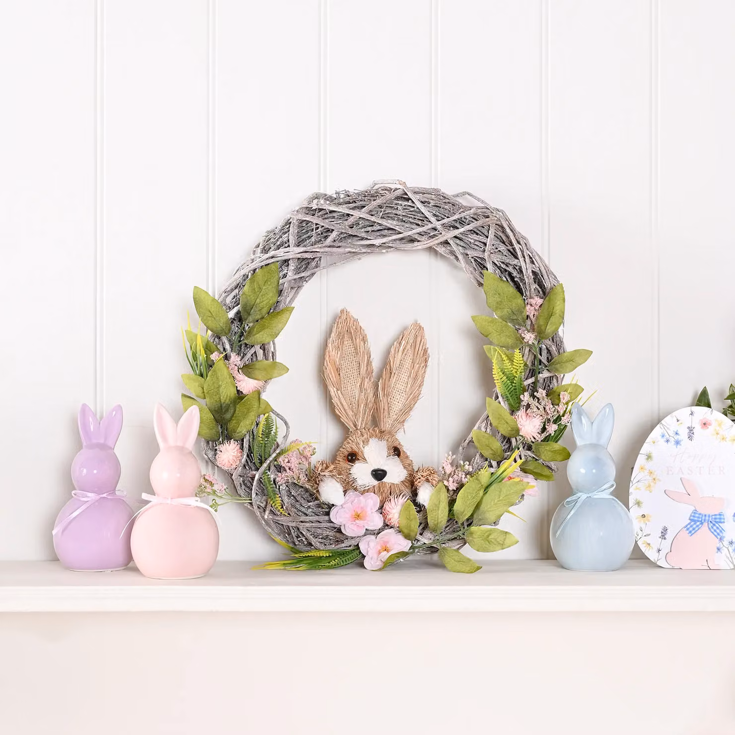Eggs-traordinary Gift Co Easter Bunny and Floral Spring Hanging Wreath in Brown – 2