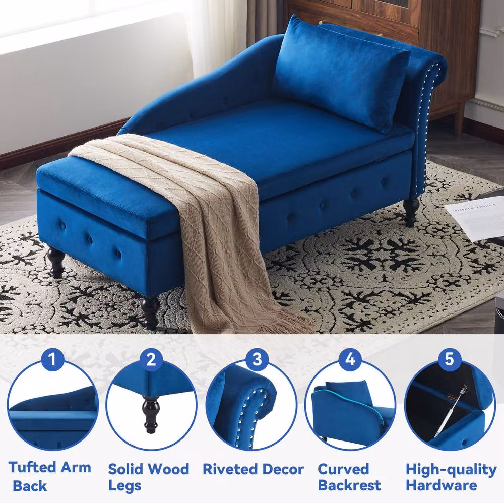 Merax Blue Velvet Right Arm Chaise Longue Sofa with Storage and Pillow – 3
