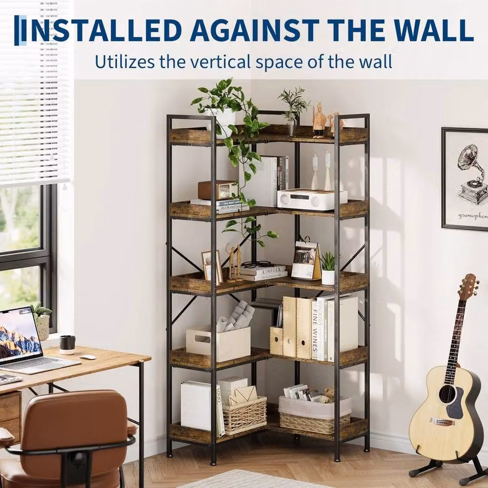 KORVIXA 5-Tier L-Shaped Corner Storage Shelf in Brown – 3