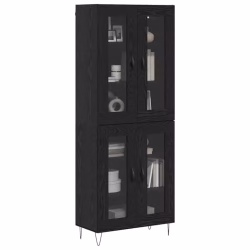 vidaXL Modern Black Highboard with Glass Doors and Internal Shelves, W/D/H: 69.5 x 34 x 90 cm