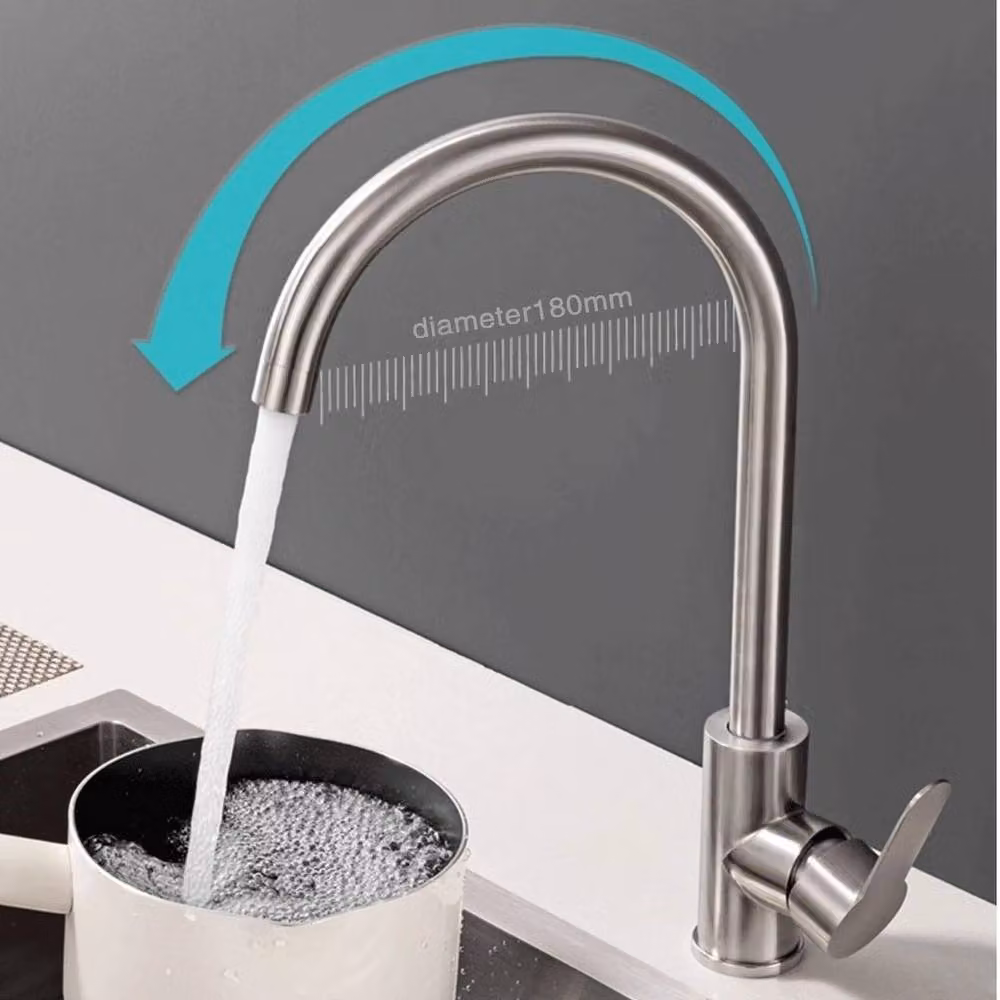 KORVIXA 360 Degree Modern Single Lever Kitchen Sink Mixer Tap in Silver Brushed Steel – 2