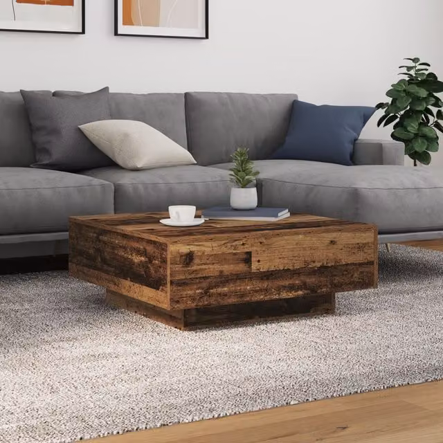 Berkfield Home Square Coffee Table with LED Lights in Brown Old Wood, W/D/H: 80 x 80 x 31 cm