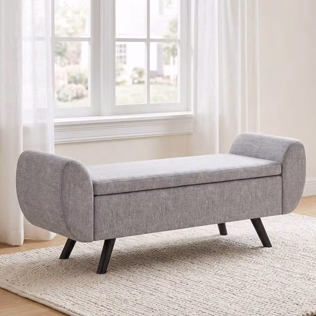 HOMCOM Upholstered Linen Storage Ottoman with Armrests in Grey