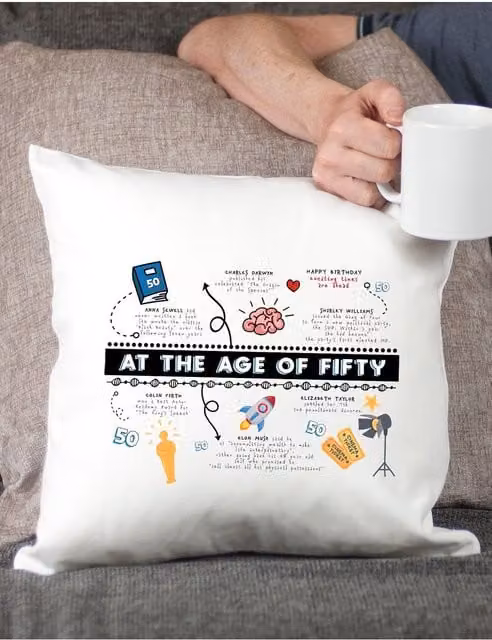 Afewhometruths 50th Birthday Fun Facts Cushion in White, W/D/H: 40 x 40 x 40 cm – 1