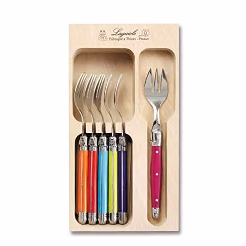 Laguiole 6-Piece Multicolour Cake Fork Set in Polished Stainless Steel and Wood
