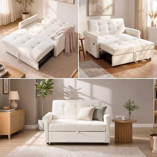 Merax 2-Seater Convertible Chenille Sofa Bed with USB Ports in Beige, W/D/H: 135 x 173 cm