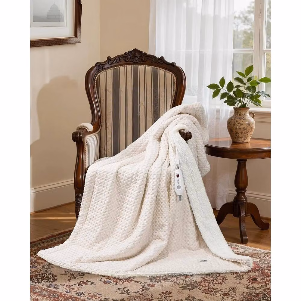 VOGREX Heated Electric Blanket Throw in Beige with Waffle Knit and Fleece and Auto Shut-Off Timer – 2