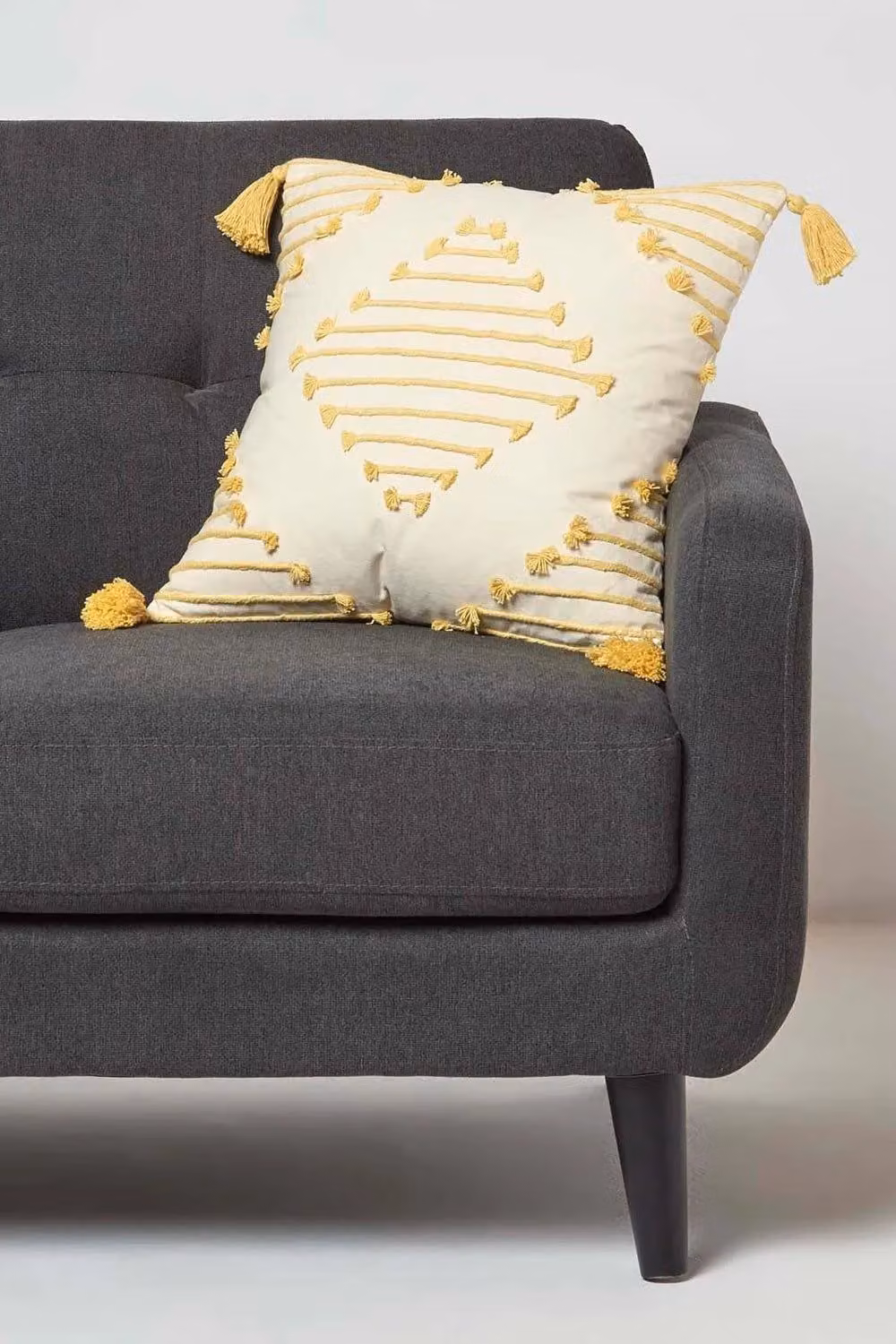 Homescapes Yellow and Beige Cotton Geometric Tassel Cushion, W/D/H: 45 x 45 x 45 cm – 2