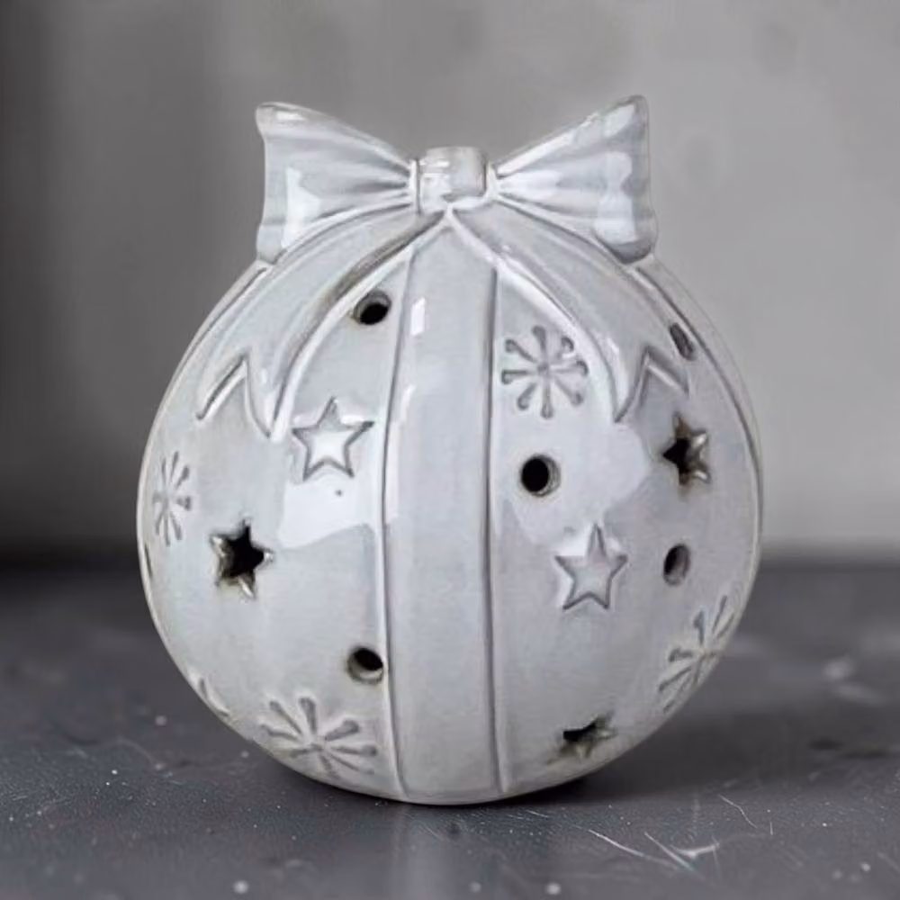 Four Candle White Glazed Ceramic LED Christmas Bauble with Bow and Snowflake Detail – 2