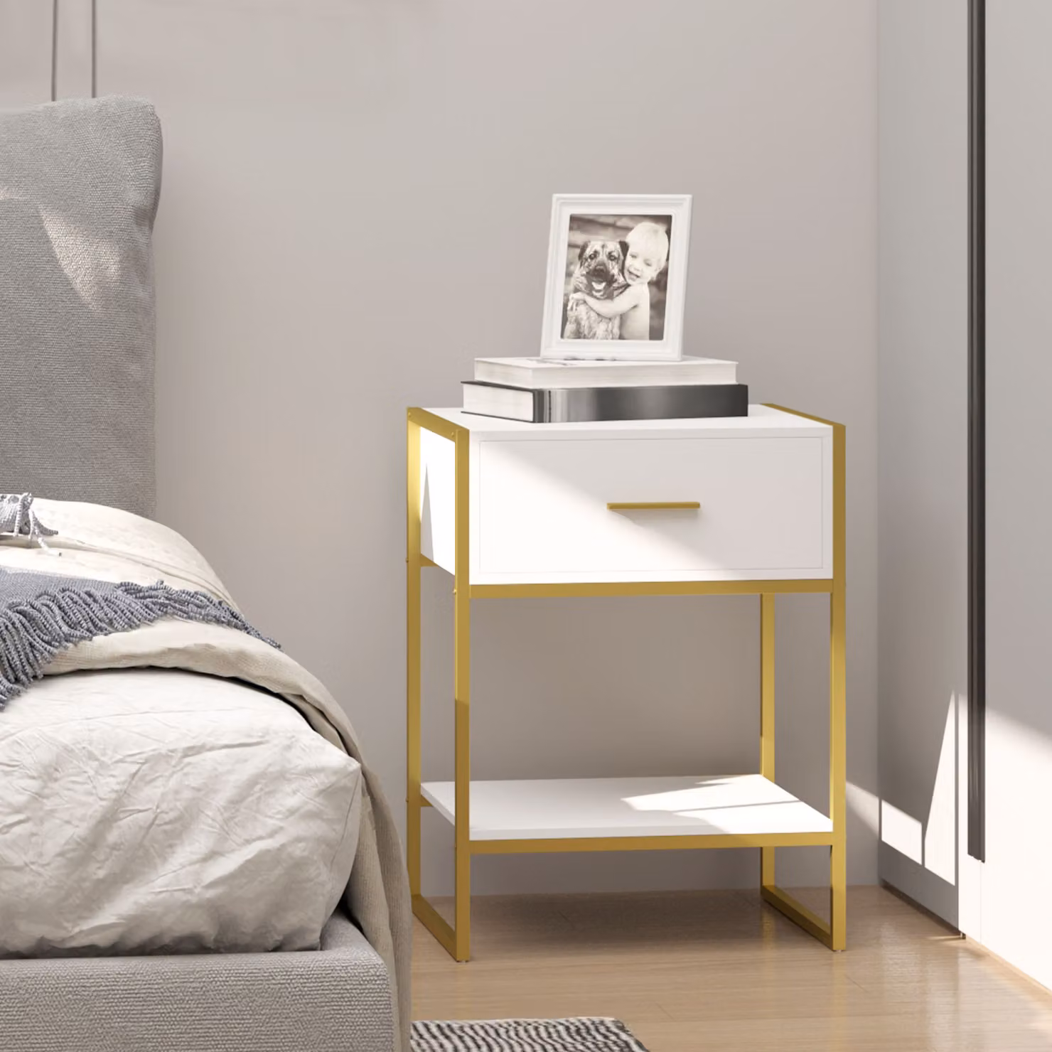HOMCOM Contemporary Bedside Cabinet with Drawer and Shelf in White and Gold – 2