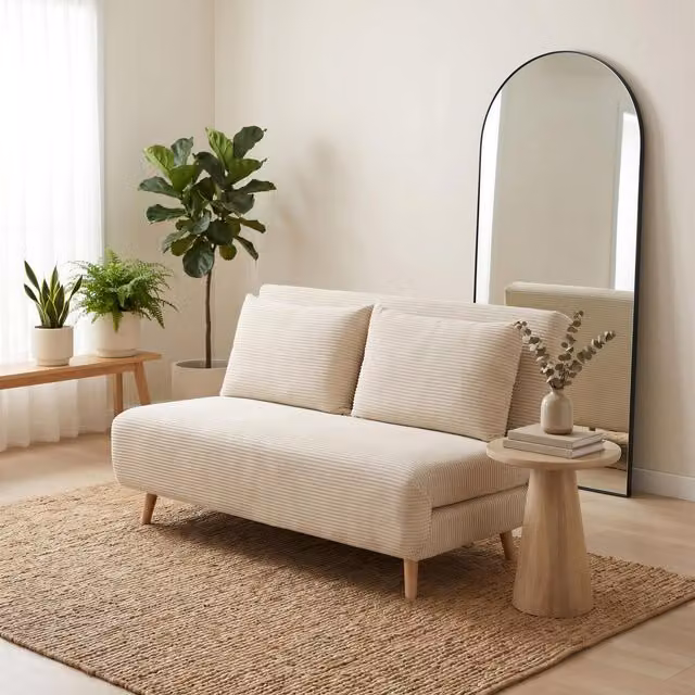 FurnitureboxUK Bobby Cream Beige Jumbo Cord Double Folding Sofa Bed with Solid Wood Frame and Scatter Cushions, 140 x 200 cm