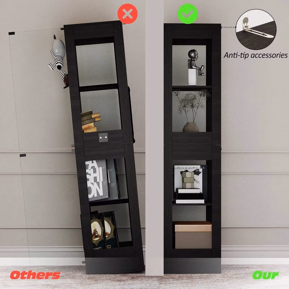 EONLION Modern Black Tall Display Cabinet with Integrated LED Lighting and Glass Doors, Height: 100 cm – 3