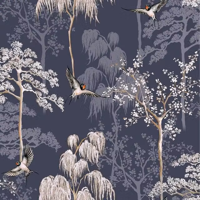 Arthouse Oriental Garden Floral Blossoms Birds Wallpaper in Blue 908106