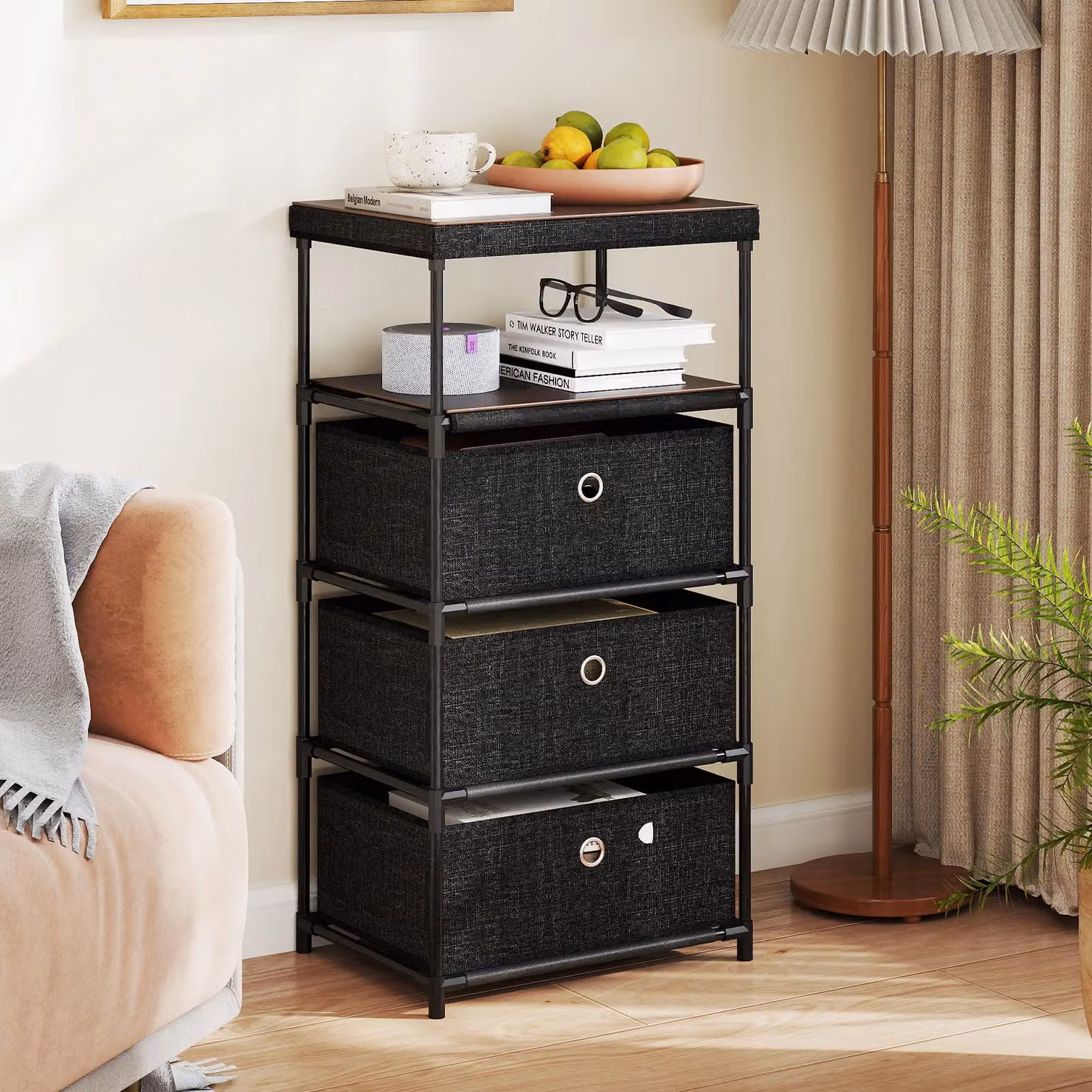 Gymax Industrial Fabric Storage Tower with Wood Top, Black – 3