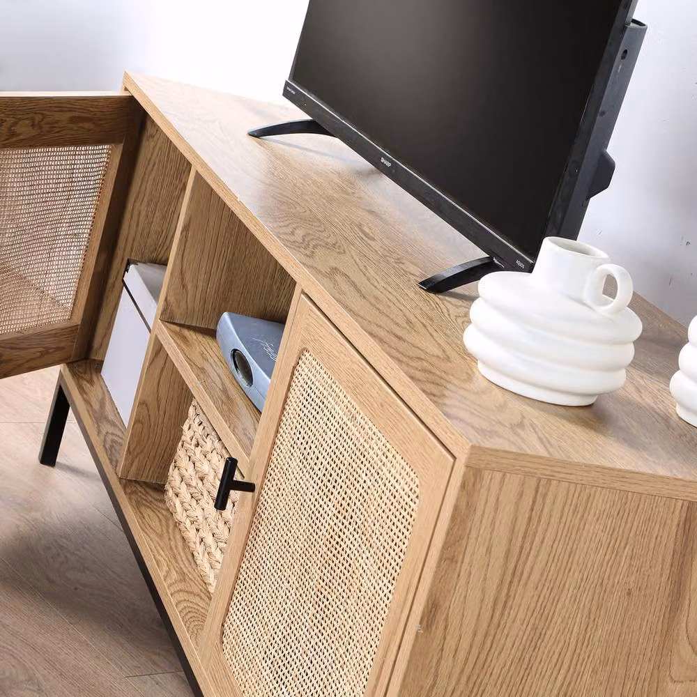 CALICOSY JAYA 2-Door TV Stand with Rattan Cane and 2 Shelves, Light Brown, W: 120 cm, D: 39 cm, H: 51 cm – 6