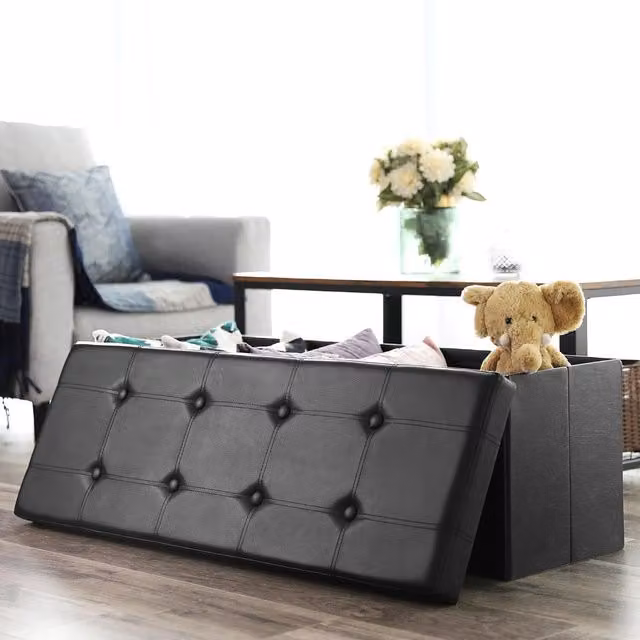 SONGMICS Large Foldable Storage Ottoman Foot Rest Cube Heavy Duty Bench in Black