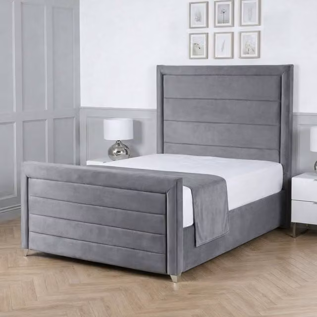 Living Comfort Bedz Selena Super King Upholstered Plush Velvet Bed with Slatted Base and 48 Inch Headboard in Grey