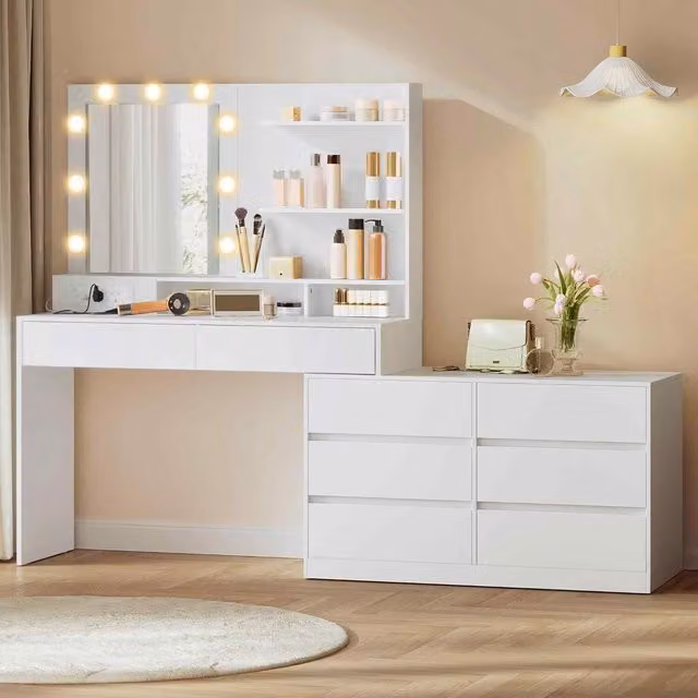 The Bazaarist Corner Vanity Table with LED Mirror and 8 Drawers in White