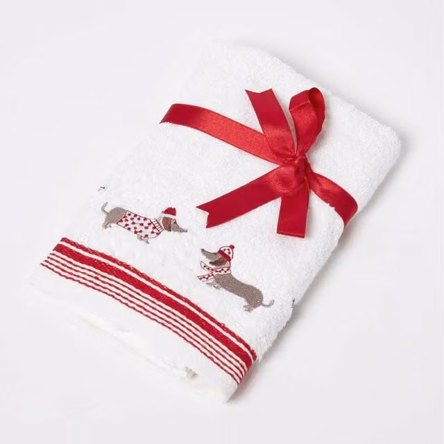 Homescapes White Cotton Christmas Hand Towel with Red Dachshund Embroidery