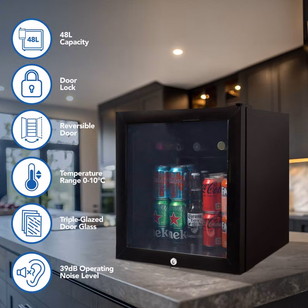 Igenix Black Compressor Table Top Drinks Fridge with 48 Litre Capacity and Lockable Glass Door – 2