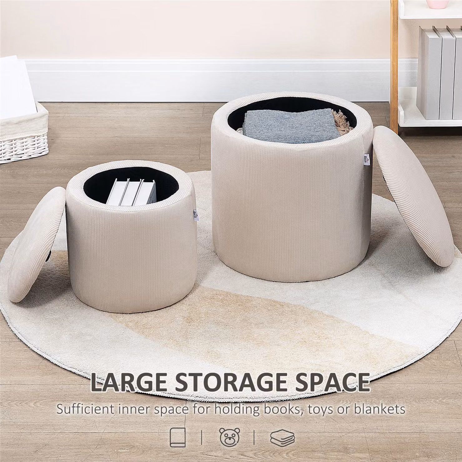 HOMCOM Set of 2 Modern Fabric Storage Ottomans with Removable Lids in Beige and White, W/D/H: 40 x 41 x 41 cm – 3