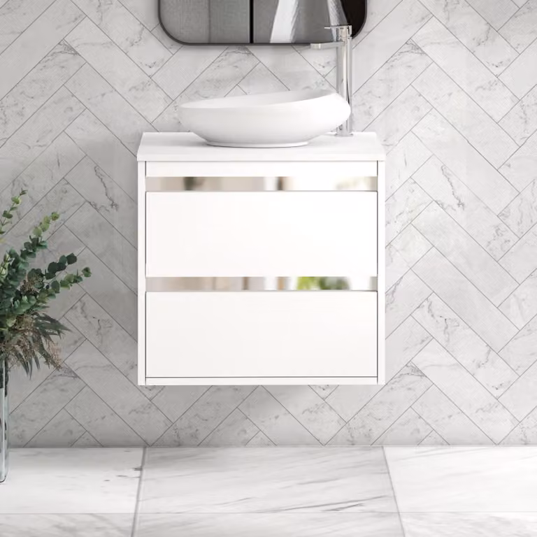 Royal Bathrooms Orion 600mm Matt White Wall Hung 2 Drawer Vanity Unit with Nova Basin and Chrome Accent Trim