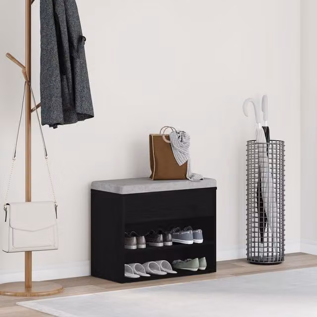 Berkfield Home Hall Bench in Black Oak with Shoe Rack, W/D/H: 60 x 30 x 45 cm