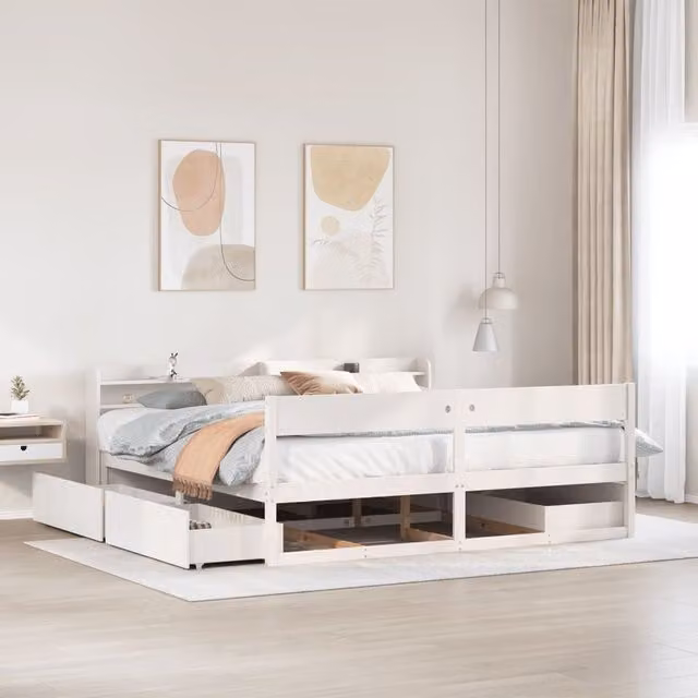 Berkfield Home Rustic Solid Wood Pine Bed Frame in White, 200 x 200 cm