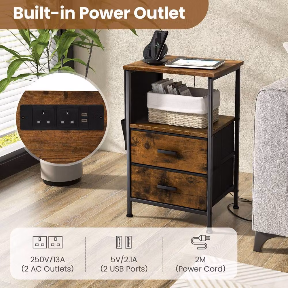 Gymax Set of 2 Modern Brown Nightstands with Charging Station and Media Compartments – 4