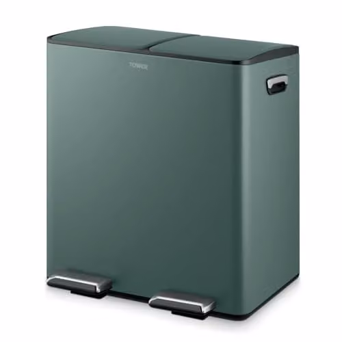 Tower 40L Recycling Pedal Bin with Removable Inner Buckets in Green and Black Coated Steel – 1