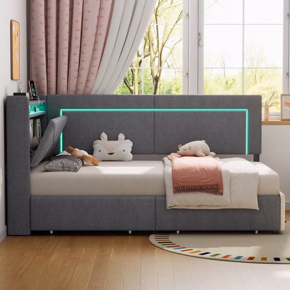 Matteo Single Daybed in Grey Linen with Storage Drawers and USB Charging Port, W/D/H: 90 x 200 cm – 3