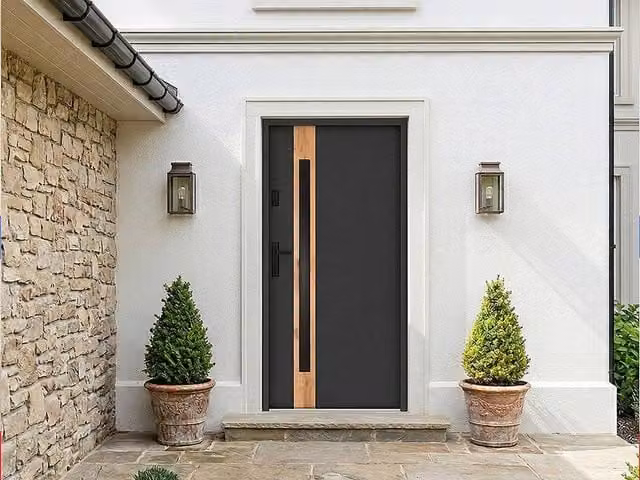 Vente-unique Modern Steel and Stainless Steel Front Door with Smoked Glass Insert, Grey, H: 207 cm, W: 100 cm