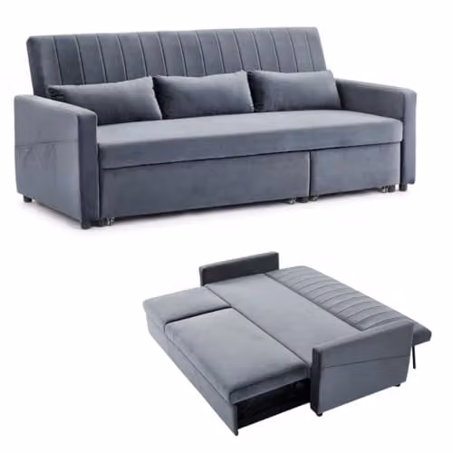 Home Detail Devon Grey Velvet L-Shape Pull-out Sofa Bed with Scatter Cushions, W180cm x D179cm