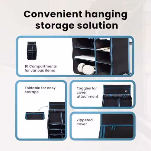 vidaXL Hanging Tent Organizer with 10 Pockets, Black, W: 40.5 cm, D: 25 cm, H: 80 cm – 4