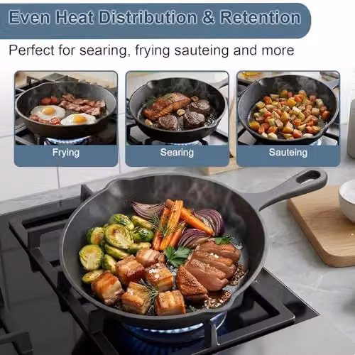 ATEK Pre-Seasoned Cast Iron Frying Pan with Pouring Spout, Black – 8