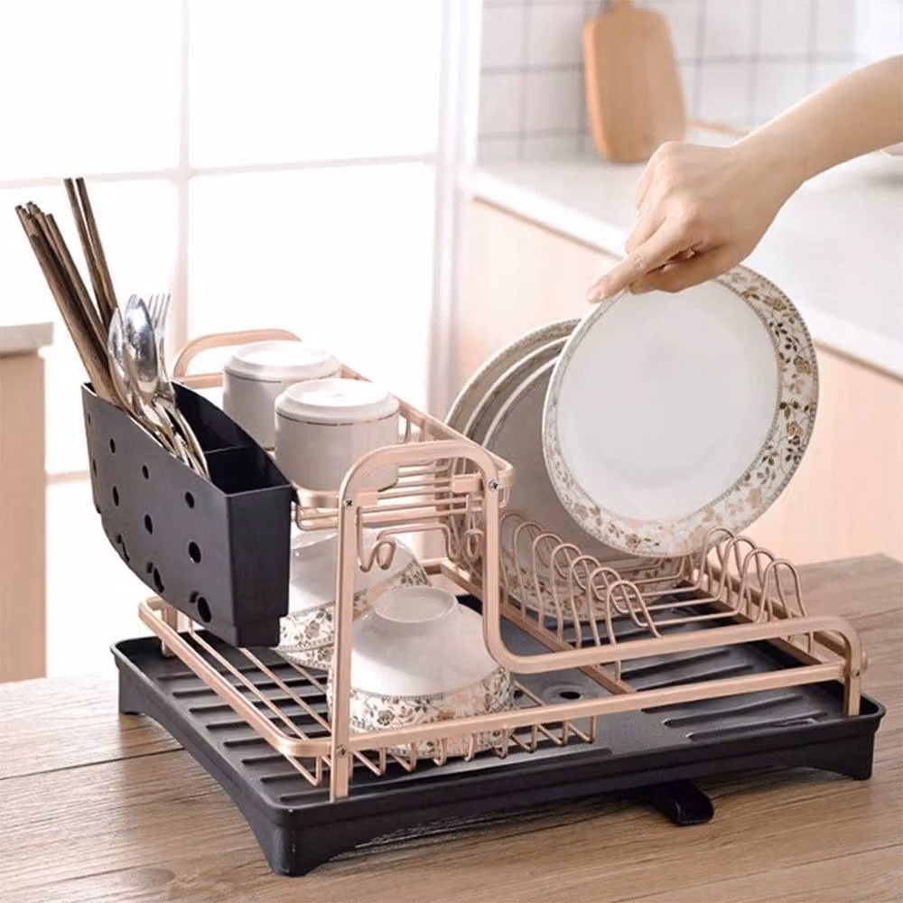Kelvenix 2 Tier Gold and Black Aluminium and Stainless Steel Dish Drainer Rack with Cutlery Holder – 4