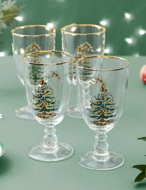 Spode Set of 4 Multicolour Christmas Tree Glass Wine Tumblers