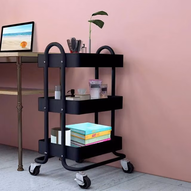 Levede 3-Tier Kitchen Trolley Cart Black Metal Storage Rack with Wheels