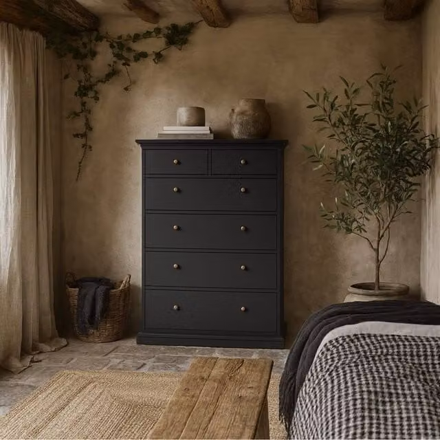 Wyld Haus Osaka Farmhouse 6 Drawer Chest in Dark Grey Wood, H 139.4 x W 48.5 x D 68.8 cm – 1