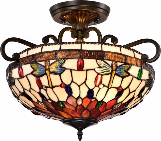 BELOFAY Tiffany Style Stained Glass Ceiling Light in Multicolour with Bronze Metal Finish