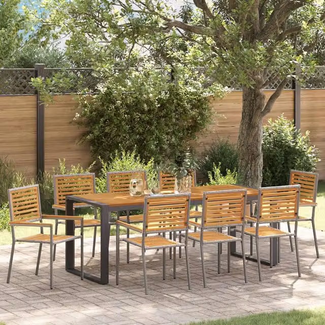 Berkfield Home 9 Piece Grey Poly Rattan and Acacia Wood Garden Dining Set
