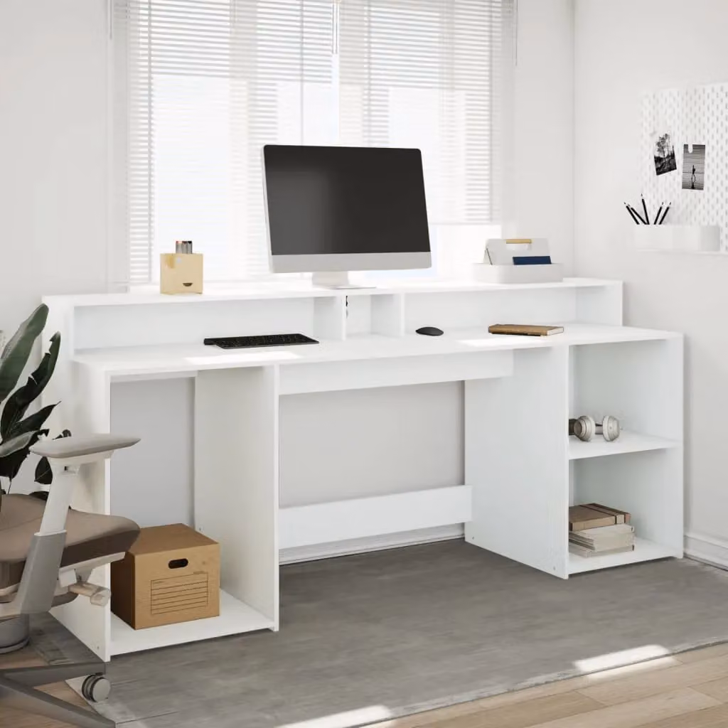 Berkfield Home White Gaming Desk with LED Lights, W/D/H: 200 x 55 x 91 cm – 2