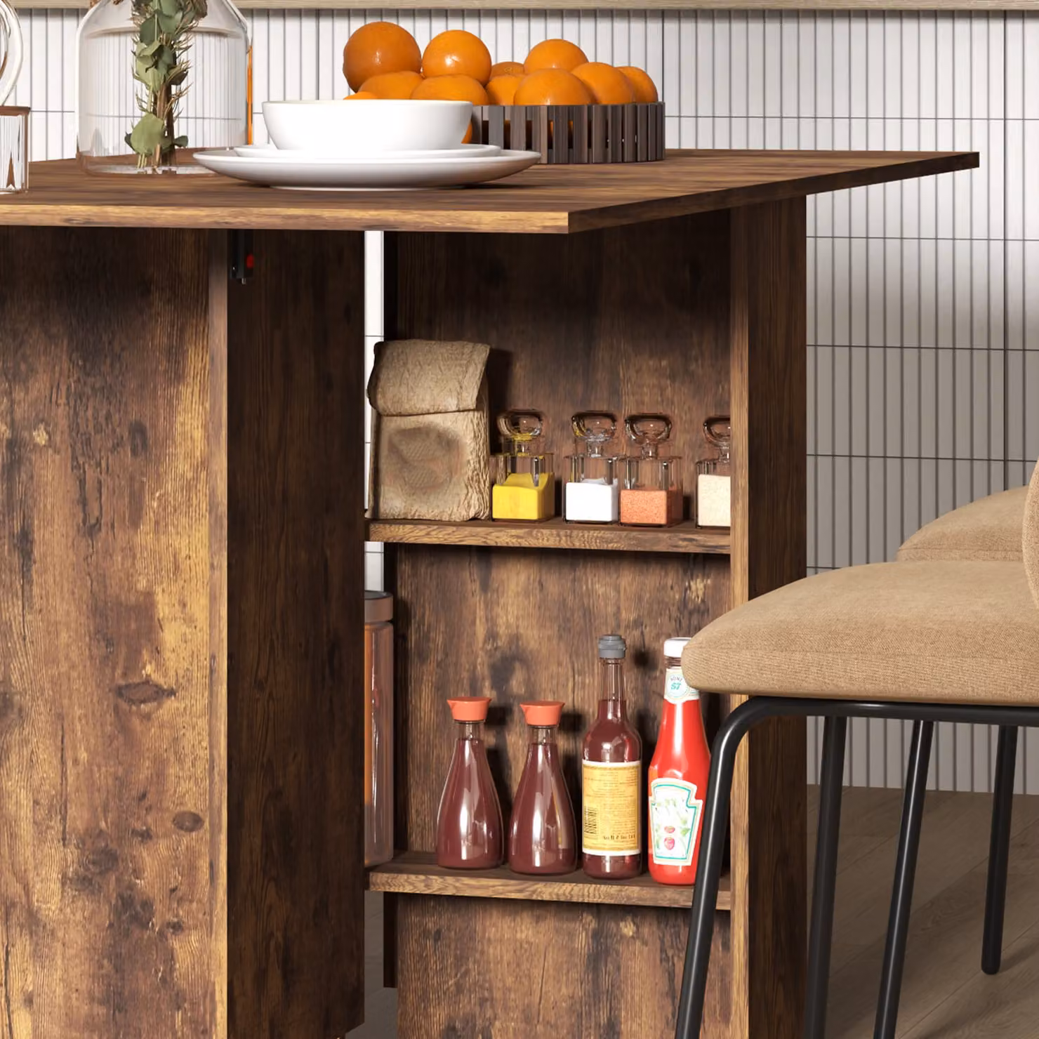 HOMCOM Folding Dining Table with Drop Leaf and 2-Tier Shelves, Rustic Brown, W: 80-140 cm, D: 60 cm, H: 75 cm – 7