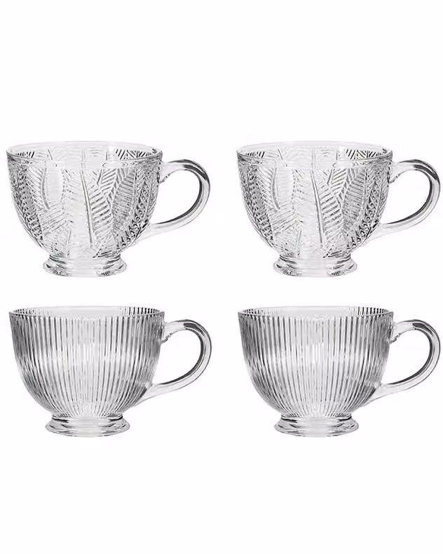 Dibor Set of 4 Vintage Embossed Botanical Glass Coffee Mugs and Tea Cups, 400ml, Clear – 2