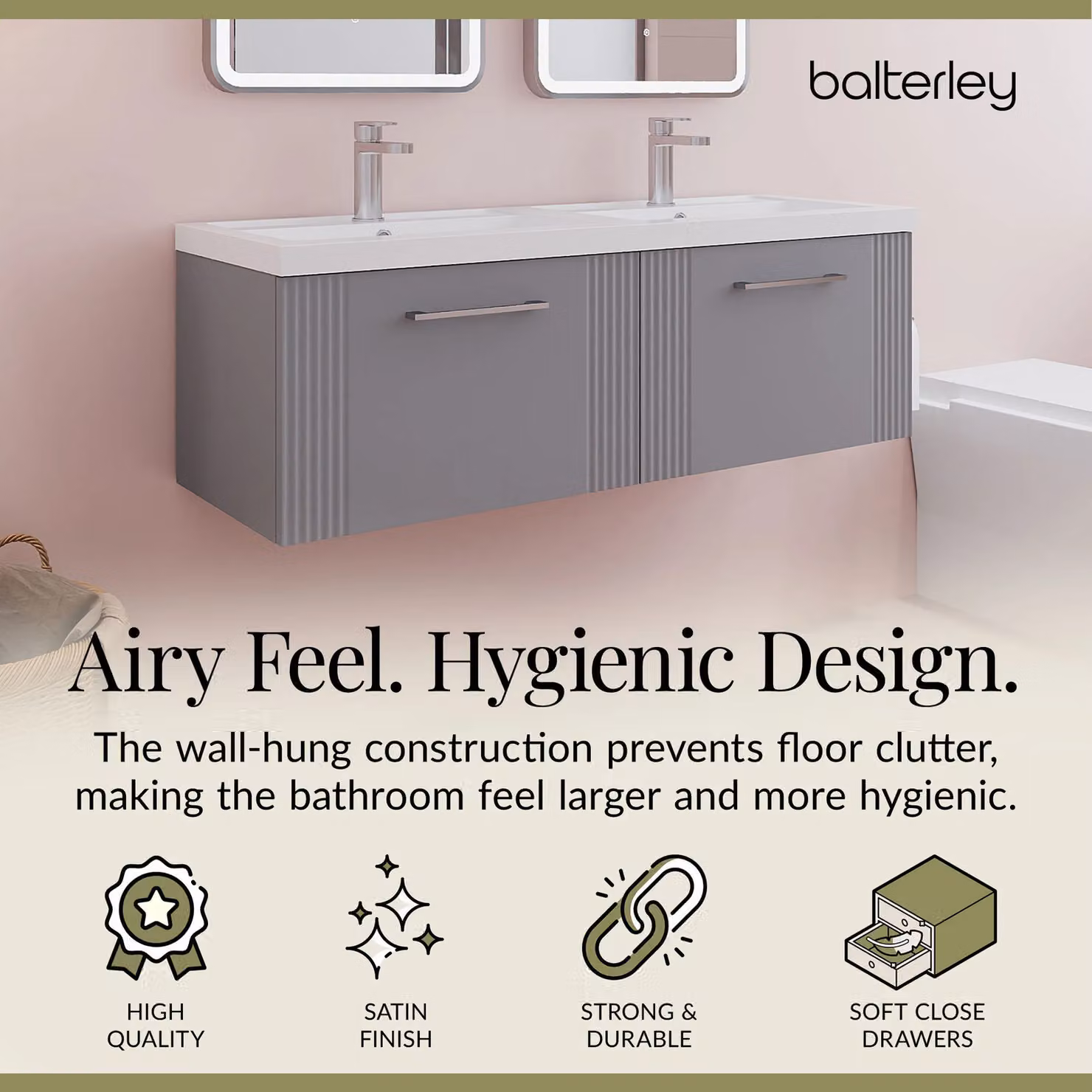 Balterley Wall Hung 2 Drawer Vanity Unit with 2 Polymarble Basins, Satin Grey, Width: 120 cm – 2