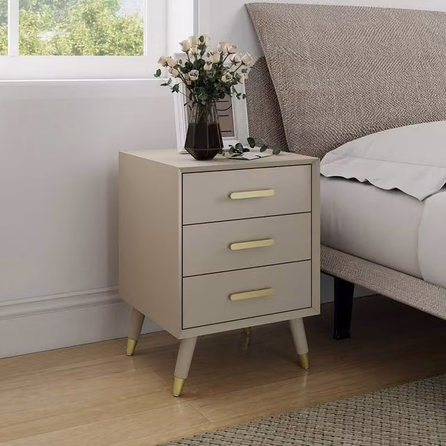 Melody Maison Oslo 3 Drawer Bedside Table in Taupe and Gold