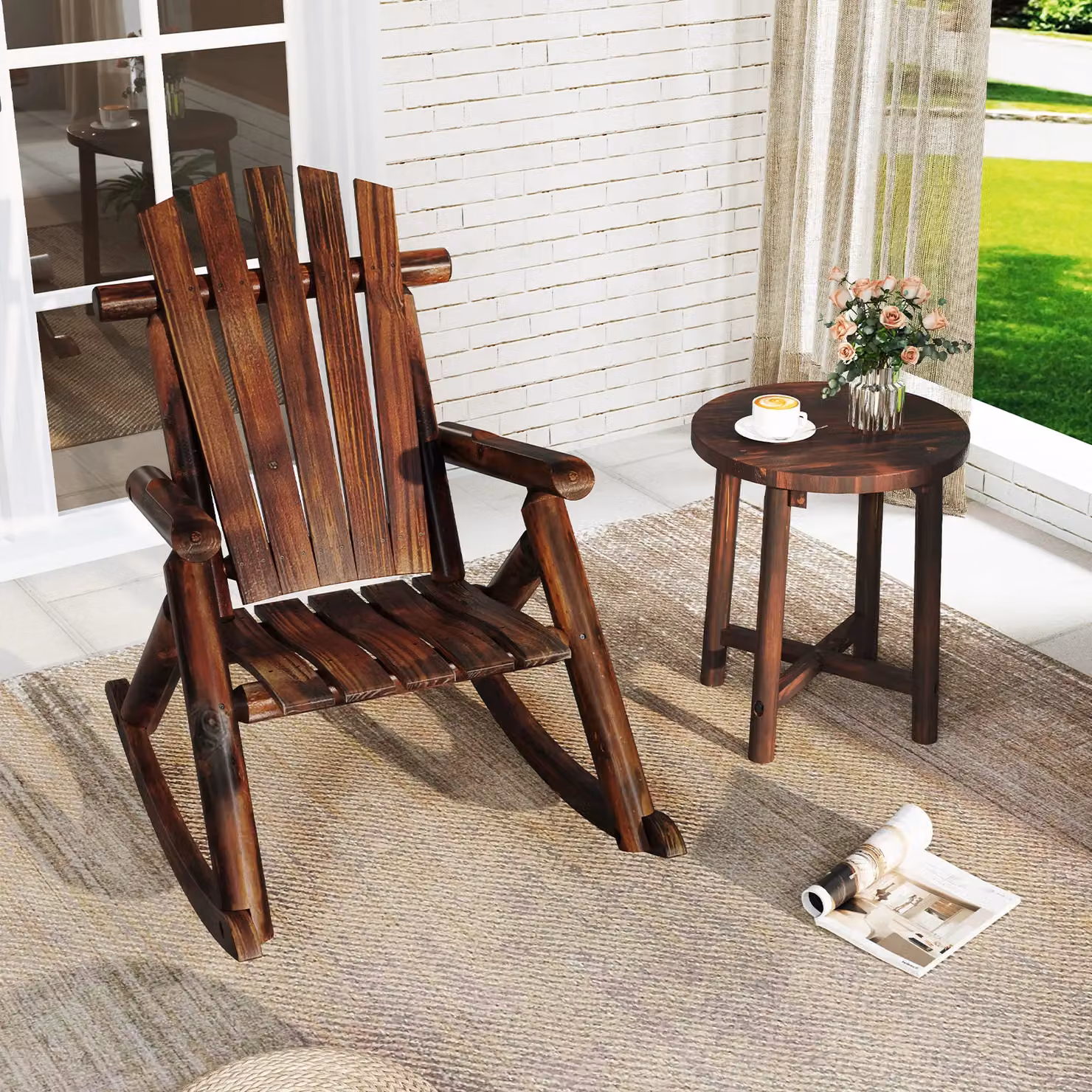 Costway Outdoor Adirondack Rocking Chair for Adults in Brown Solid Wood – 8